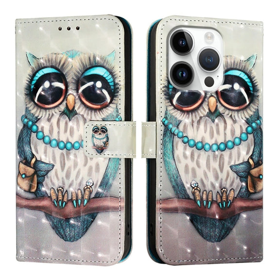 For iPhone 16 Pro 3D Painting Horizontal Flip Leather Phone Case(Grey Owl)