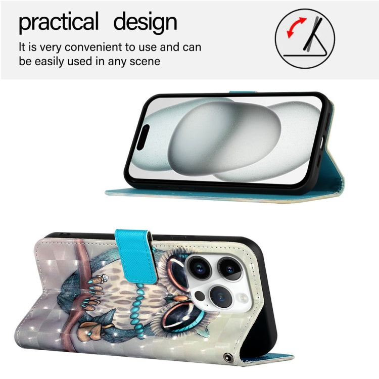 For iPhone 16 Pro 3D Painting Horizontal Flip Leather Phone Case(Grey Owl)