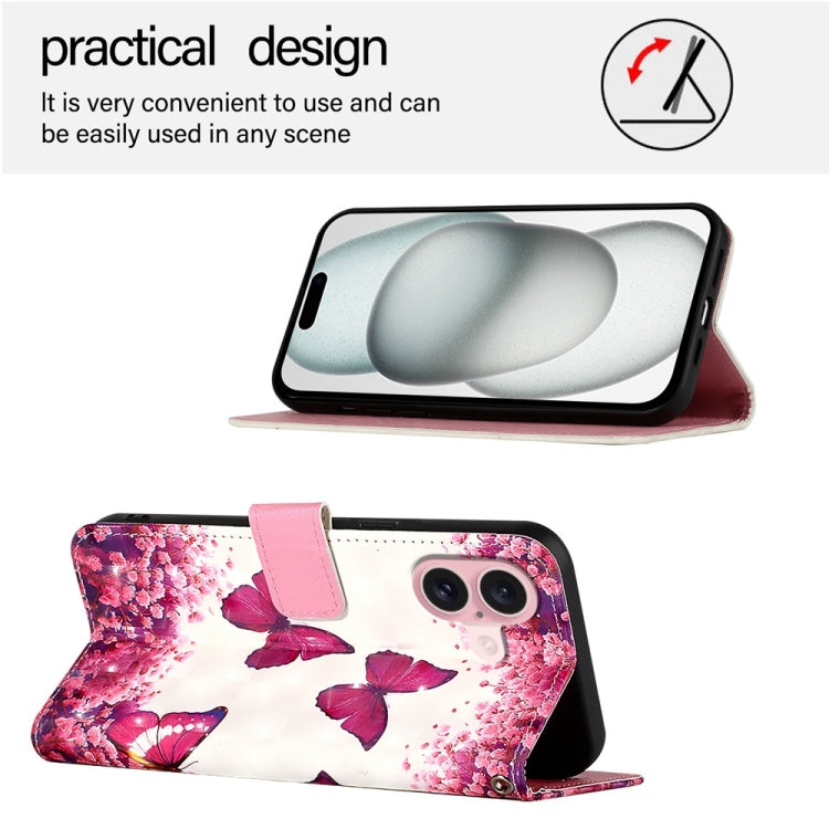 For iPhone 16 3D Painting Horizontal Flip Leather Phone Case(Rose Butterfly)