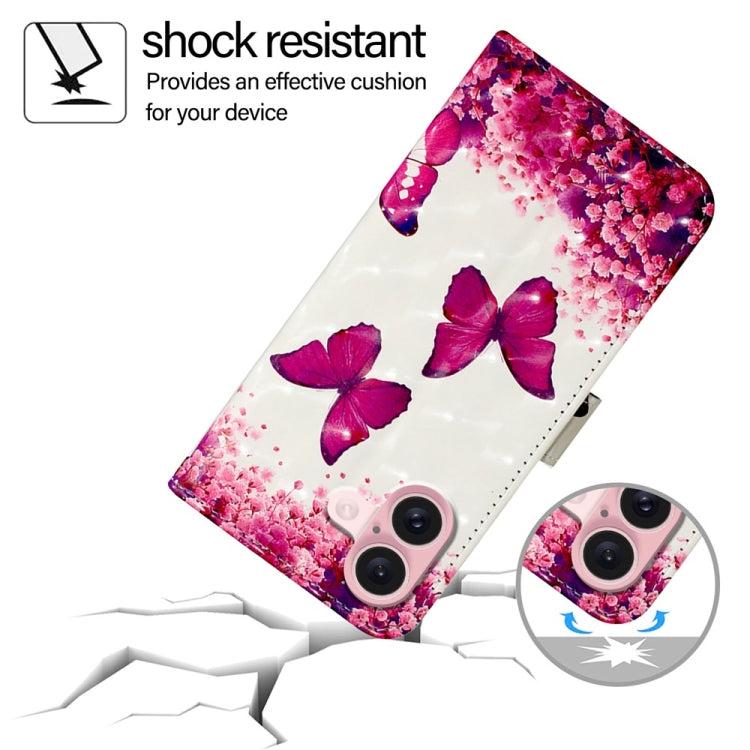For iPhone 16 3D Painting Horizontal Flip Leather Phone Case(Rose Butterfly)