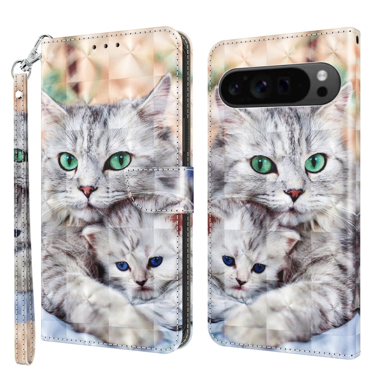 For Google Pixel 9 3D Painted Pattern Leather Phone Case(Two Loving Cats)