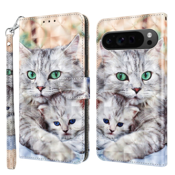 For Google Pixel 9 3D Painted Pattern Leather Phone Case(Two Loving Cats)