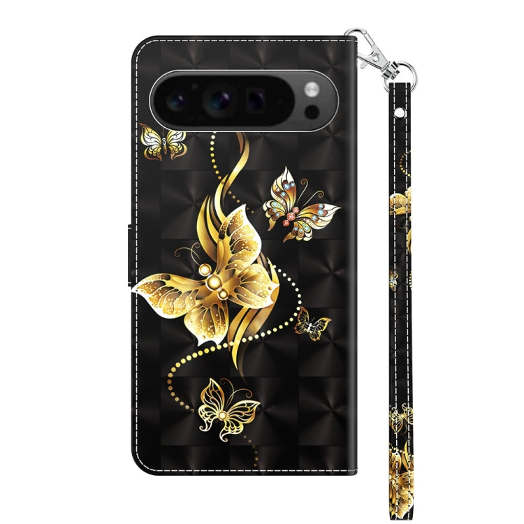 For Google Pixel 9 3D Painted Pattern Leather Phone Case(Golden Butterfly)
