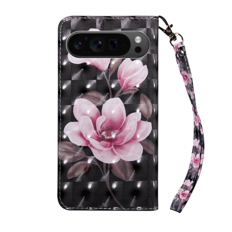 For Google Pixel 9 3D Painted Pattern Leather Phone Case(Pink Flower)