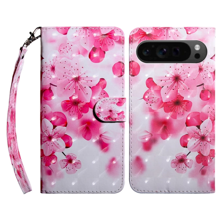 For Google Pixel 9 3D Painted Pattern Leather Phone Case(Red Flower)