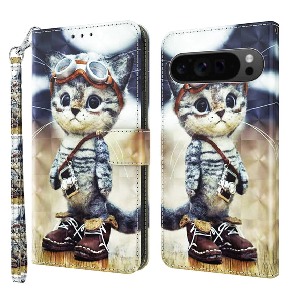For Google Pixel 9 Pro 3D Painted Pattern Leather Phone Case(Naughty Cat)