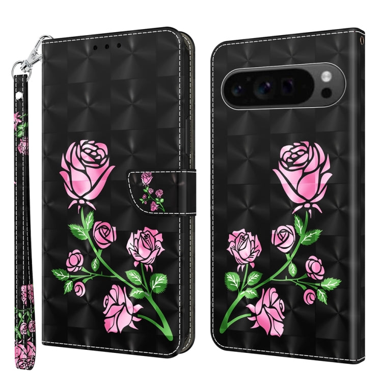 For Google Pixel 9 Pro 3D Painted Pattern Leather Phone Case(Rose)