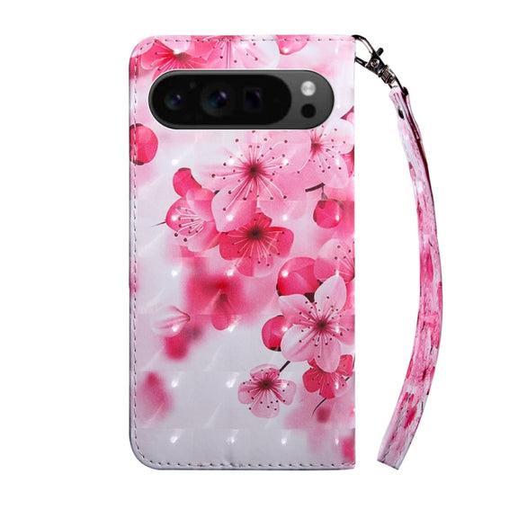For Google Pixel 9 Pro 3D Painted Pattern Leather Phone Case(Red Flower)