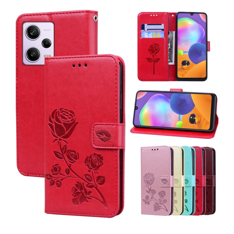 For Xiaomi Redmi Note 12 5G Global/Poco X5 Rose Embossed Flip PU Leather Phone Case(Red)