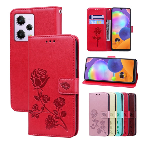 For Xiaomi Redmi Note 12 5G Global/Poco X5 Rose Embossed Flip PU Leather Phone Case(Red)