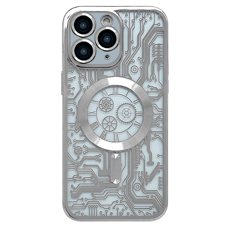For iPhone 11 Pro Max Electroplated Circuit Board Pattern MagSafe Phone Case(Silver)
