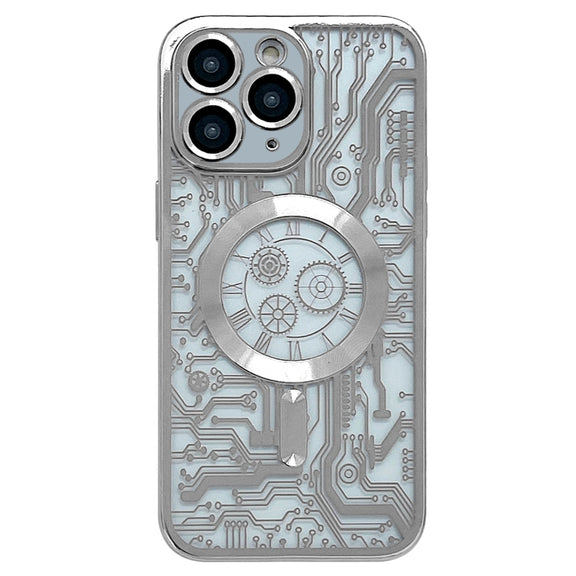 For iPhone 11 Pro Max Electroplated Circuit Board Pattern MagSafe Phone Case(Silver)