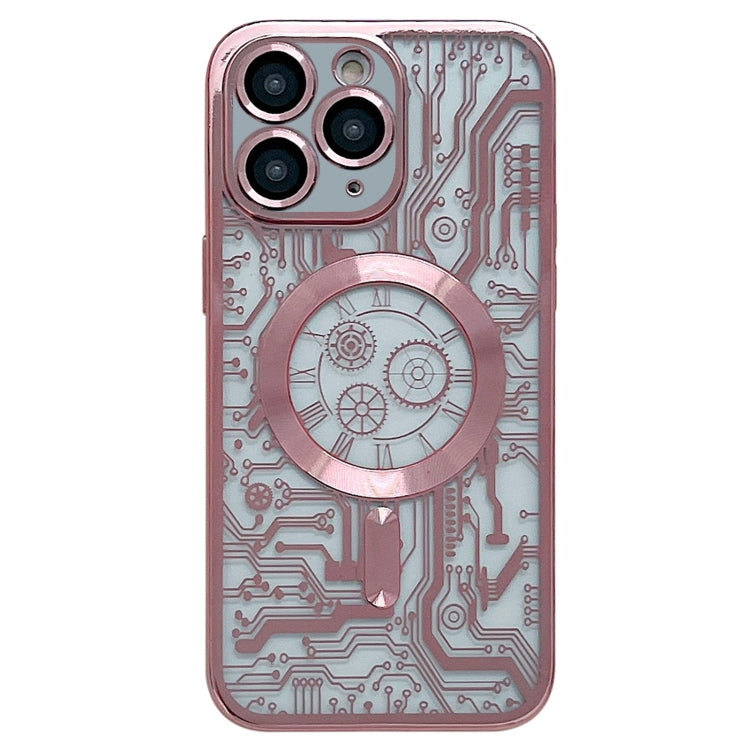 For iPhone 11 Pro Max Electroplated Circuit Board Pattern MagSafe Phone Case(Pink)