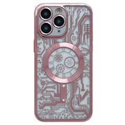 For iPhone 11 Pro Max Electroplated Circuit Board Pattern MagSafe Phone Case(Pink)
