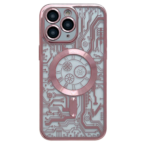 For iPhone 11 Pro Max Electroplated Circuit Board Pattern MagSafe Phone Case(Pink)