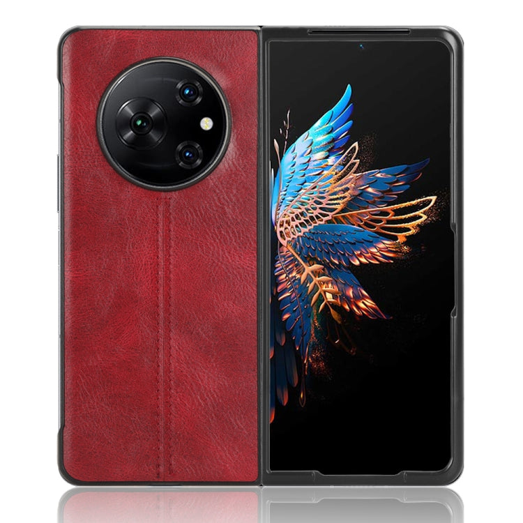 For Tecno Phantom V Fold Cow Pattern Sewing Back Cover Phone Case(Red)