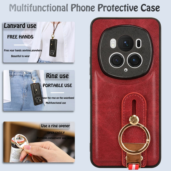 For Honor Magic6 Pro Wristband Leather Back Phone Case(Red)