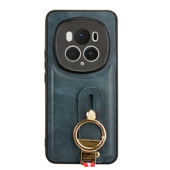 For Honor Magic6 Pro Wristband Leather Back Phone Case(Blue)