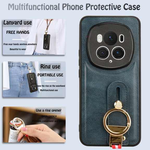 For Honor Magic6 Pro Wristband Leather Back Phone Case(Blue)