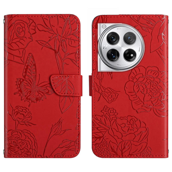 For OnePlus 12R 5G Global Skin Feel Butterfly Peony Embossed Leather Phone Case(Red)