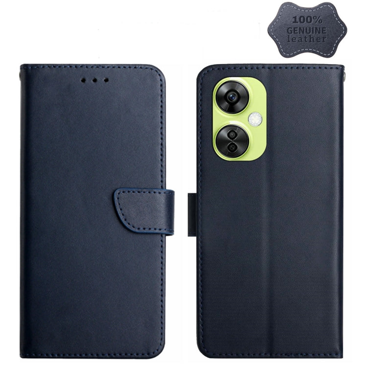 For OnePlus Nord CE 3 Lite Genuine Leather Fingerprint-proof Flip Phone Case(Blue)