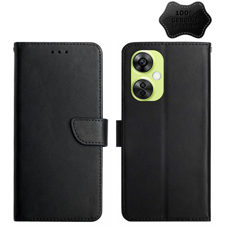 For OnePlus Nord CE 3 Lite Genuine Leather Fingerprint-proof Flip Phone Case(Black)