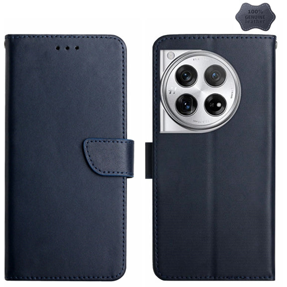 For OnePlus 12R 5G Global Genuine Leather Fingerprint-proof Flip Phone Case(Blue)
