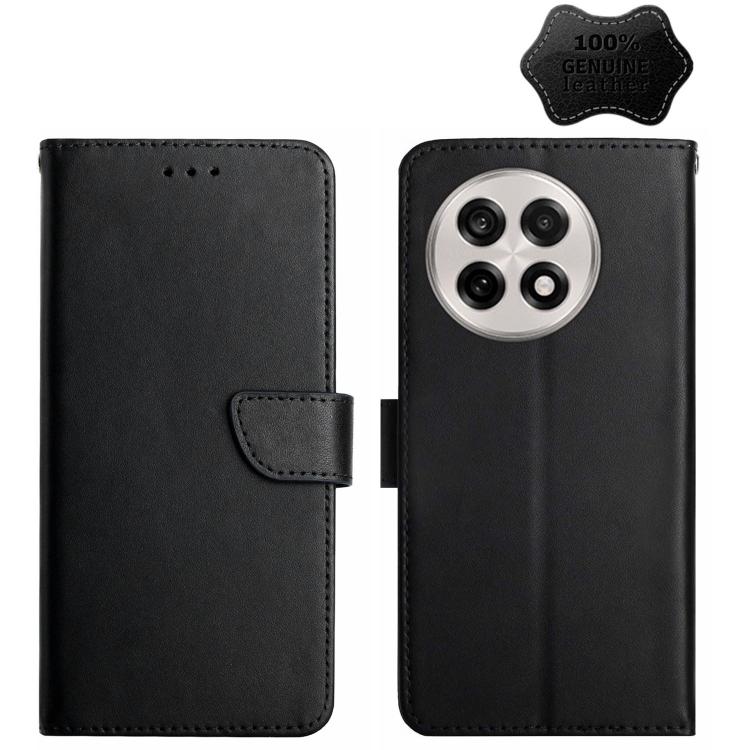 For OnePlus 13 Genuine Leather Fingerprint-proof Flip Phone Case(Black)
