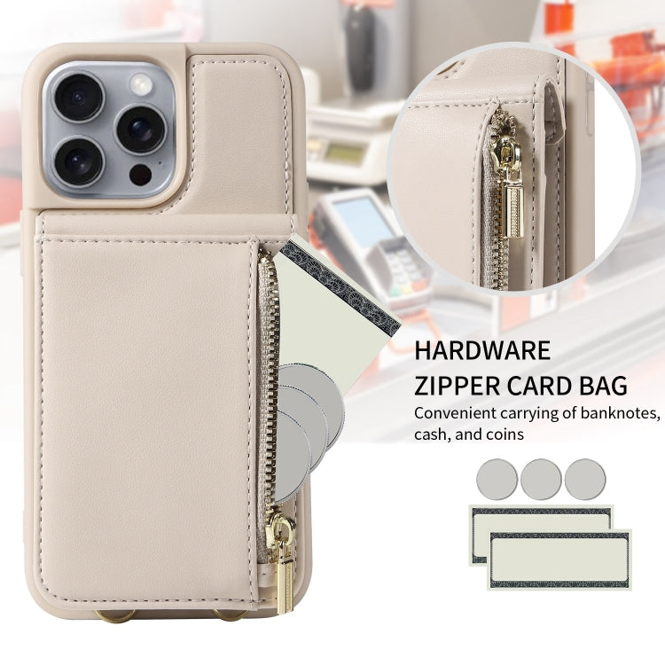For iPhone 16 Pro Max Crossbody Lanyard Zipper Wallet Leather Phone Case(Beige)