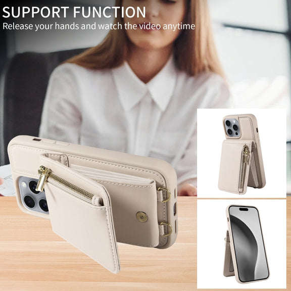 For iPhone 16 Pro Max Crossbody Lanyard Zipper Wallet Leather Phone Case(Beige)