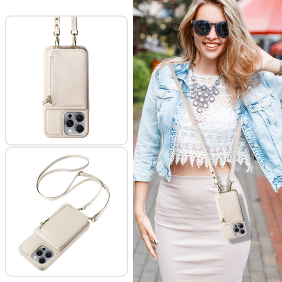 For iPhone 16 Pro Max Crossbody Lanyard Zipper Wallet Leather Phone Case(Beige)