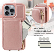 For iPhone 16 Pro Max Crossbody Lanyard Zipper Wallet Leather Phone Case(Rose Gold)