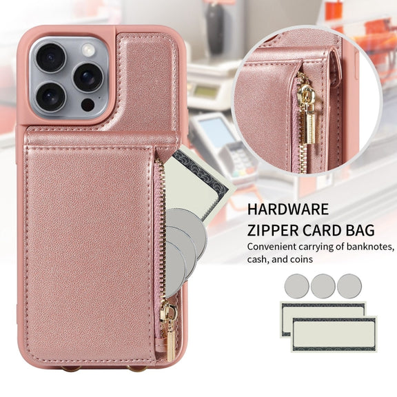 For iPhone 16 Pro Max Crossbody Lanyard Zipper Wallet Leather Phone Case(Rose Gold)