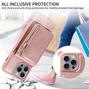 For iPhone 16 Pro Max Crossbody Lanyard Zipper Wallet Leather Phone Case(Rose Gold)