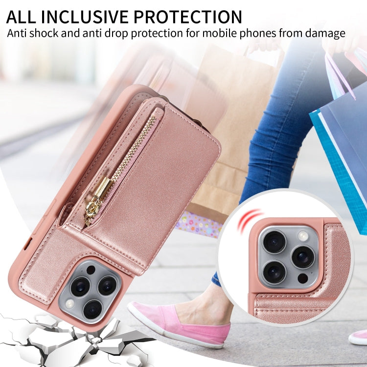 For iPhone 16 Pro Max Crossbody Lanyard Zipper Wallet Leather Phone Case(Rose Gold)