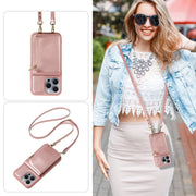 For iPhone 16 Pro Max Crossbody Lanyard Zipper Wallet Leather Phone Case(Rose Gold)