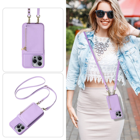 For iPhone 16 Pro Max Crossbody Lanyard Zipper Wallet Leather Phone Case(Purple)