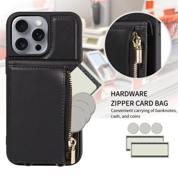 For iPhone 16 Pro Max Crossbody Lanyard Zipper Wallet Leather Phone Case(Black)