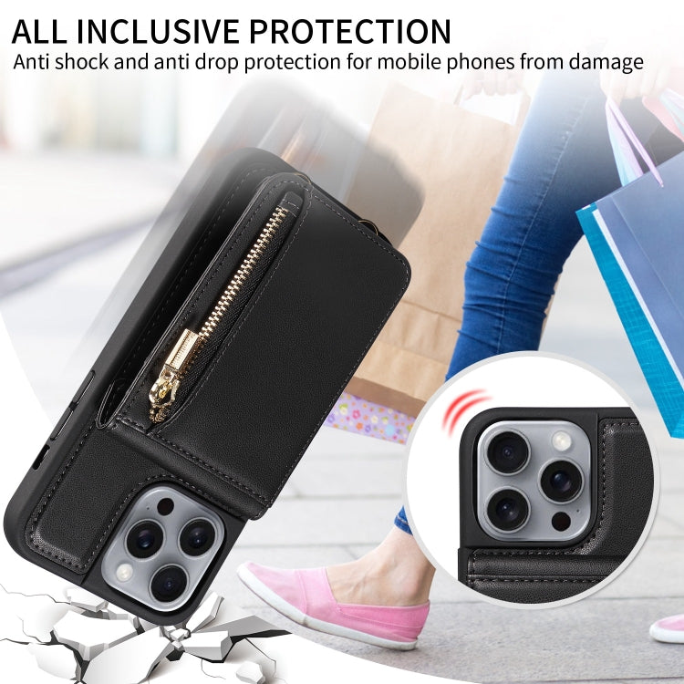For iPhone 16 Pro Max Crossbody Lanyard Zipper Wallet Leather Phone Case(Black)