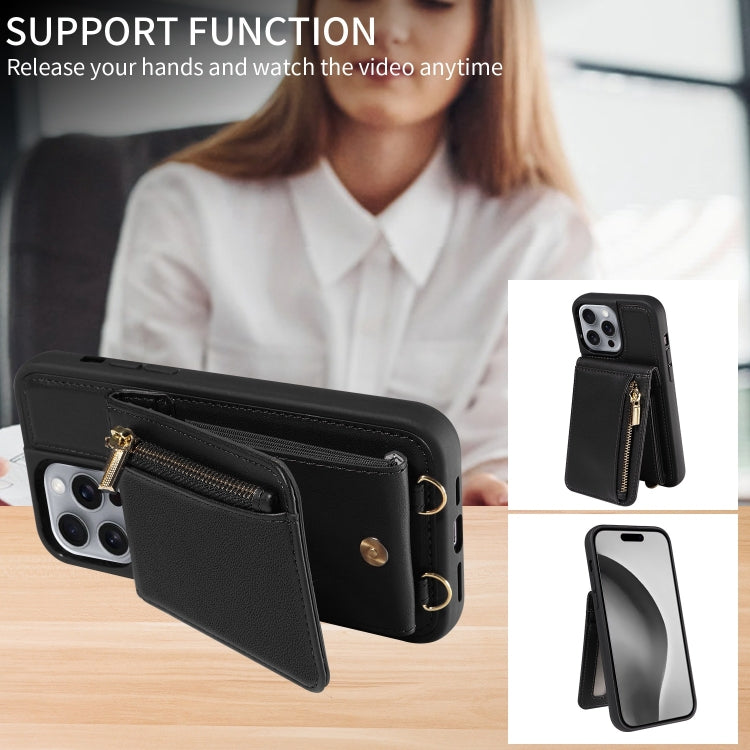 For iPhone 16 Pro Max Crossbody Lanyard Zipper Wallet Leather Phone Case(Black)