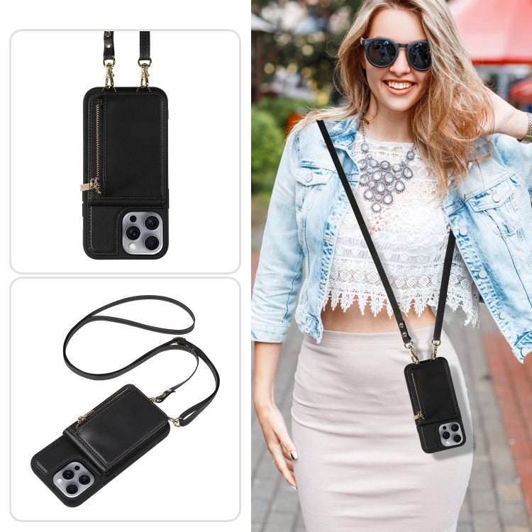 For iPhone 16 Pro Max Crossbody Lanyard Zipper Wallet Leather Phone Case(Black)