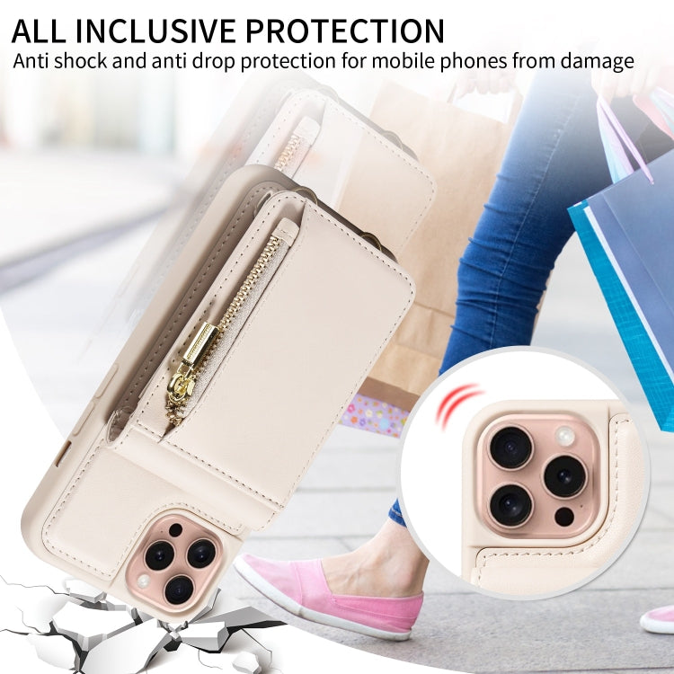 For iPhone 16 Pro Crossbody Lanyard Zipper Wallet Leather Phone Case(Beige)
