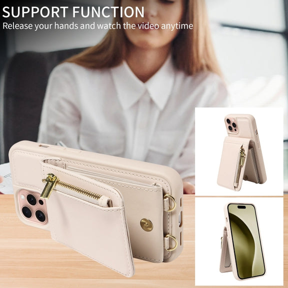 For iPhone 16 Pro Crossbody Lanyard Zipper Wallet Leather Phone Case(Beige)