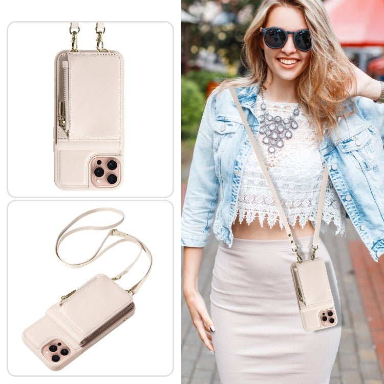 For iPhone 16 Pro Crossbody Lanyard Zipper Wallet Leather Phone Case(Beige)