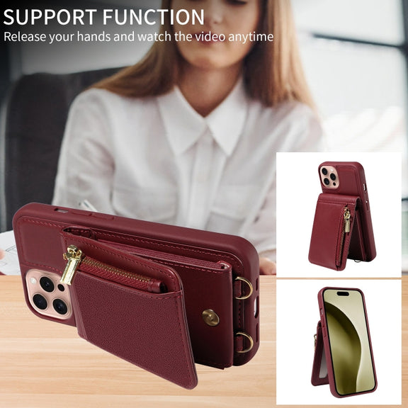For iPhone 16 Pro Crossbody Lanyard Zipper Wallet Leather Phone Case(Wine Red)