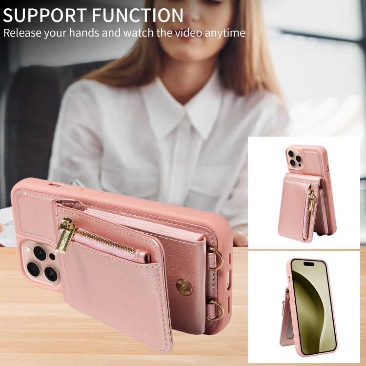 For iPhone 16 Pro Crossbody Lanyard Zipper Wallet Leather Phone Case(Rose Gold)