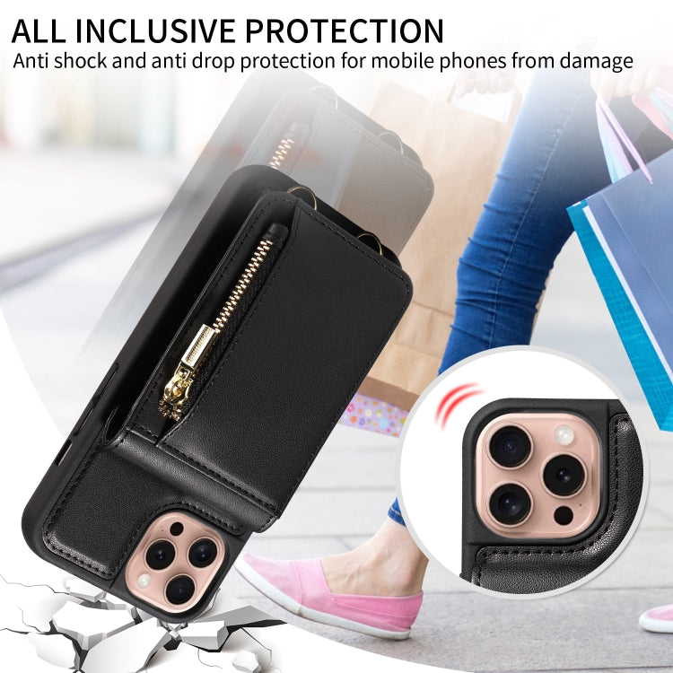 For iPhone 16 Pro Crossbody Lanyard Zipper Wallet Leather Phone Case(Black)