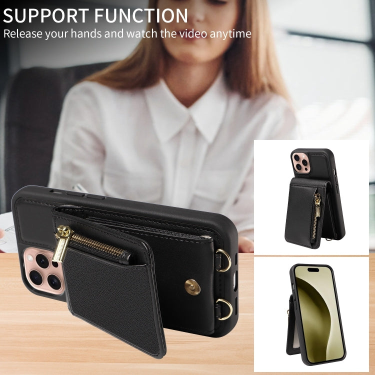 For iPhone 16 Pro Crossbody Lanyard Zipper Wallet Leather Phone Case(Black)