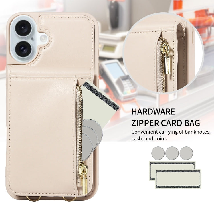 For iPhone 16 Plus Crossbody Lanyard Zipper Wallet Leather Phone Case(Beige)