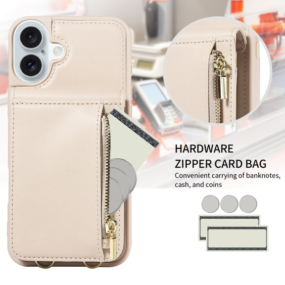 For iPhone 16 Plus Crossbody Lanyard Zipper Wallet Leather Phone Case(Beige)